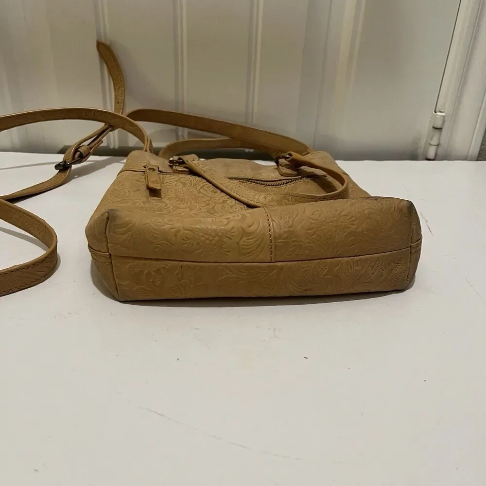 Steven By Steve Madden Embossed Floral Tan Leather Crossbody Bag Western Boho